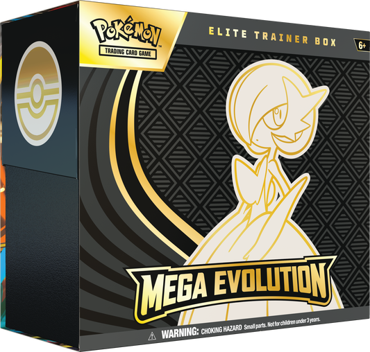 Pokémon Mega Evolution Elite Trainer Box met 9 boosterpacks, Alakazam promo kaart, sleeves en accessoires van Mega Gardevoir.