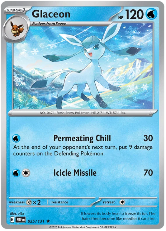 Glaceon Holo #025 uit de Pokémon Prismatic Evolutions set, holografische kaart