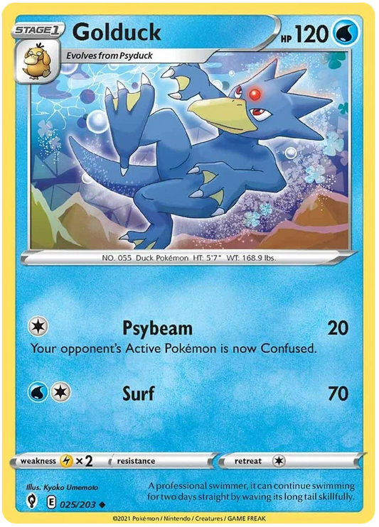 Golduck common kaart #025/203 uit de Pokémon Evolving Skies set met Psybeam en Surf aanvallen