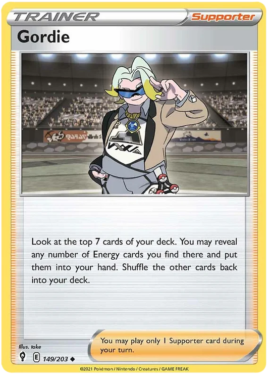 Gordie #149 trainer kaart uit Pokémon Evolving Skies – losse Pokémon kaart voor verzameling of deck