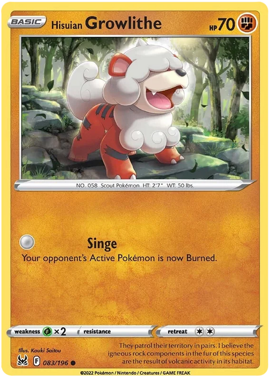 Hisuian Growlithe common kaart uit Pokémon Lost Origin, nummer 083/196