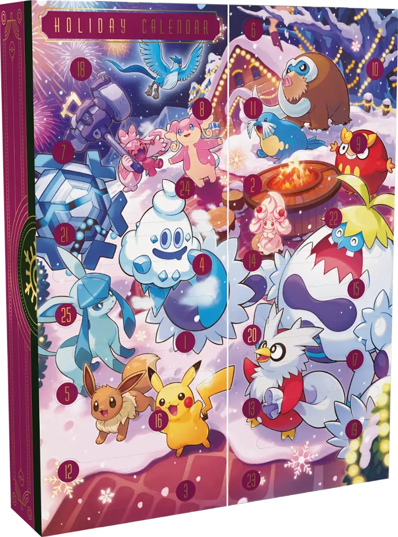 Pokémon Holiday Calendar 2025 met promo kaarten, boosterpacks en fun packs voor de feestdagen