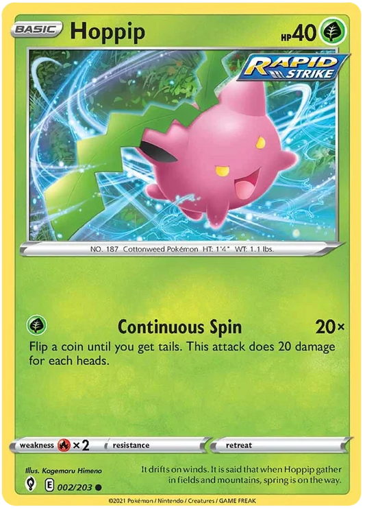 Losse Pokémon kaart Hoppip #002 uit Evolving Skies, common grass type kaart voor verzameling of deck