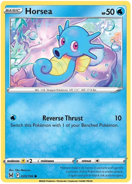 Horsea – Common Water Pokémon Kaart uit Lost Origin!
Breid je Pokémon verzameling uit met Horsea! Deze common kaart uit de Lost Origin set is een must-have voor liefhebbers van water Pokémon en verzamelaars van losse kaarten.

Inhoud:

1x Horsea common kaart uit Lost Origin
Al onze losse Pokémon kaarten worden verstuurd in een toploader of een softloader. Soms worden er 2 kaarten in 1 toploader verstuurd, afhankelijk van de kaartwaarde.
Indien er in één bestelling producten zitten met verschillende levering
