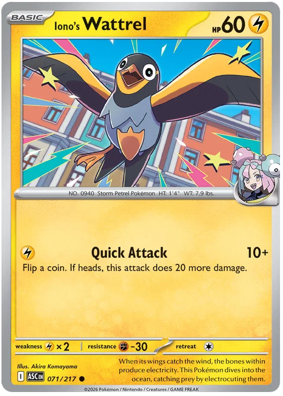 Iono's Wattrel common kaart #071 uit de Ascended Heroes Pokémon set