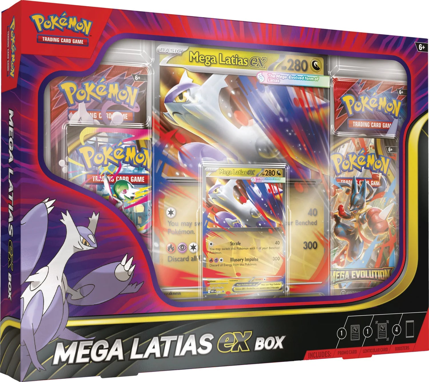 Pokémon Mega Latias ex Box met promokaart, oversized kaart en 4 boosterpacks van Mega Evolution, Destined Rivals en Journey Together.