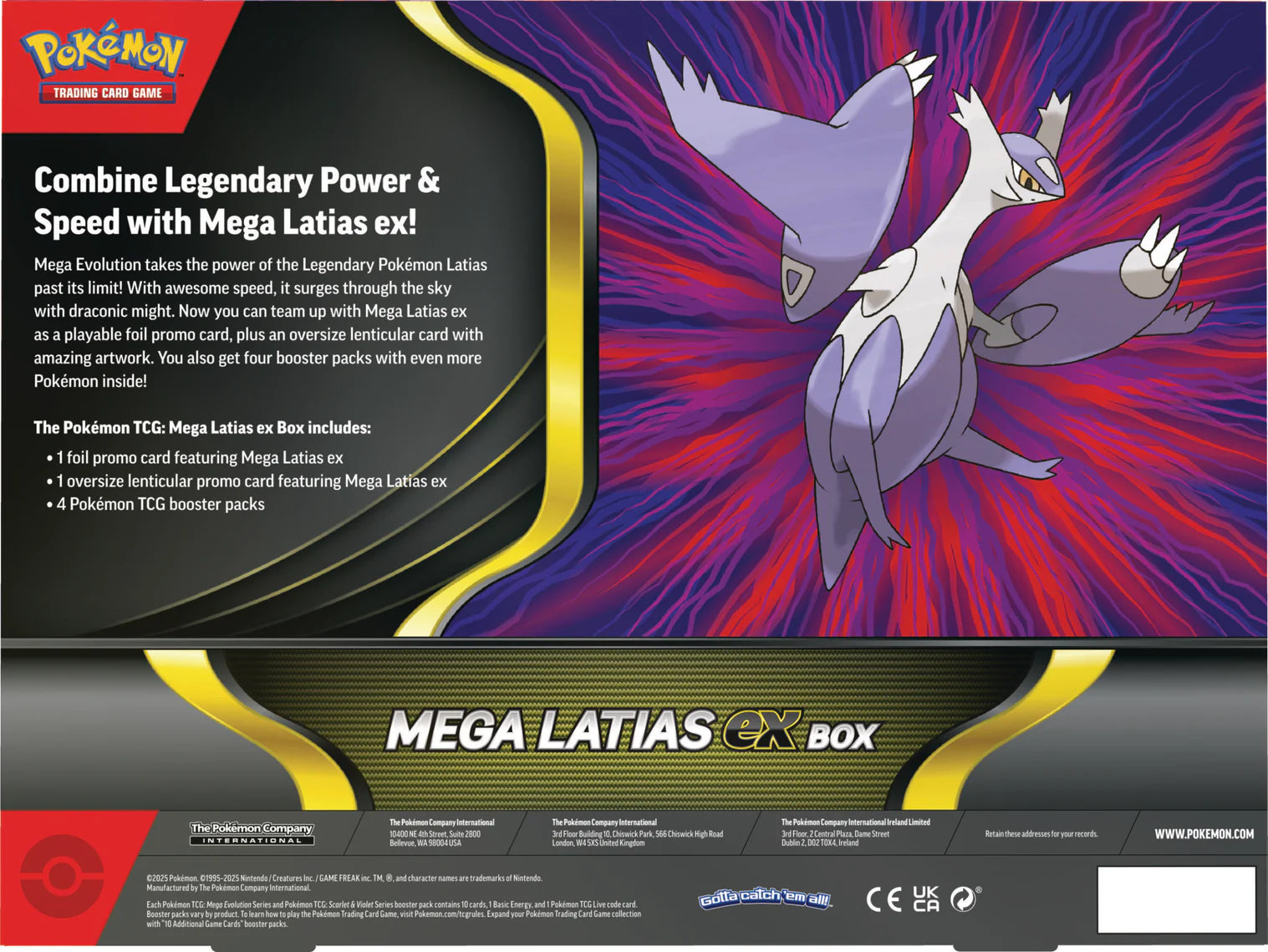 Pokémon Mega Latias ex Box met promokaart, oversized kaart en 4 boosterpacks van Mega Evolution, Destined Rivals en Journey Together.