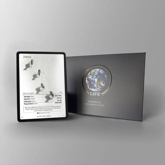 Life TCG Zebra Photography Promo Card met premium verpakking en holografische aarde-medaillon
