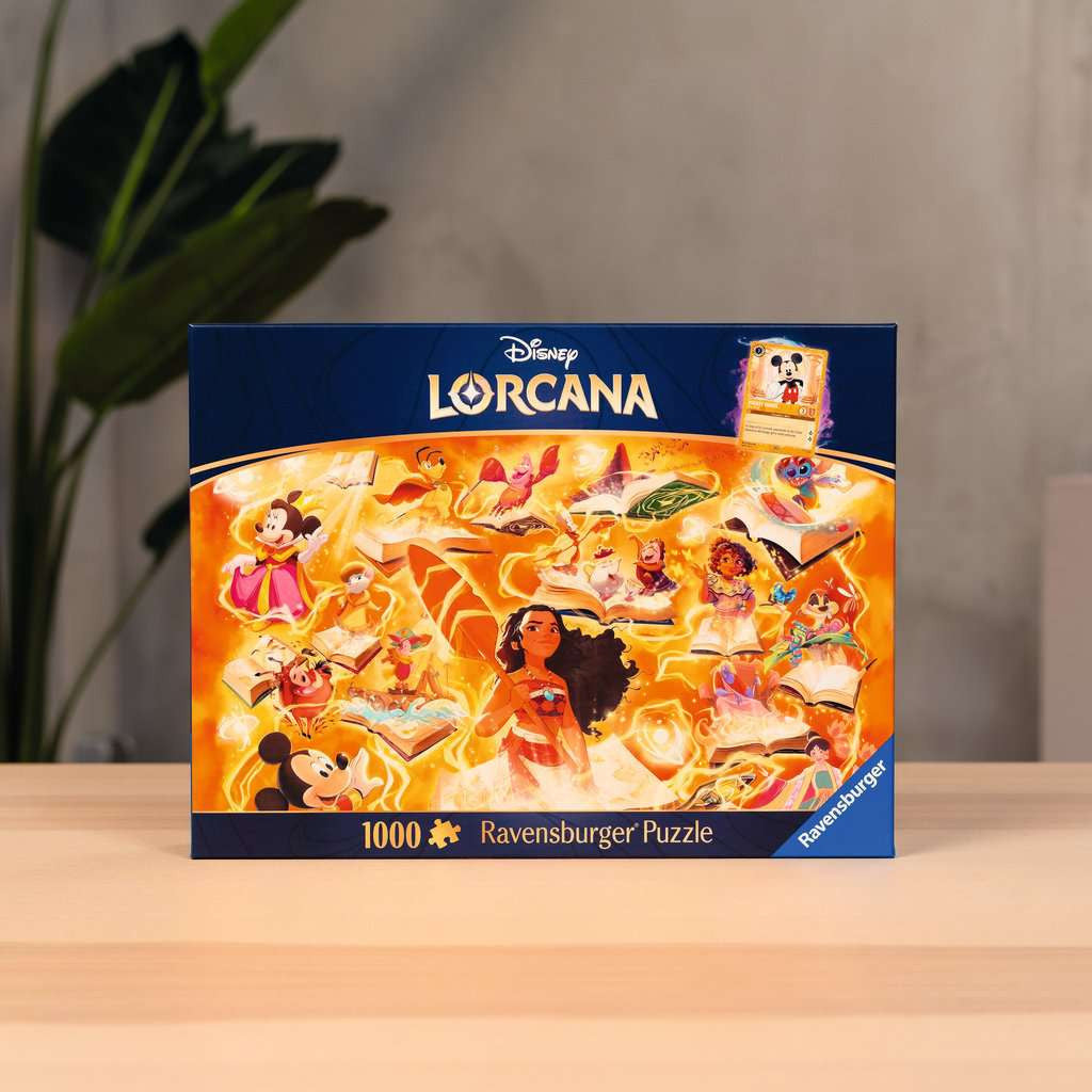 De rechtopstaande doos van de Lorcana Amber puzzel op een speeltafel.