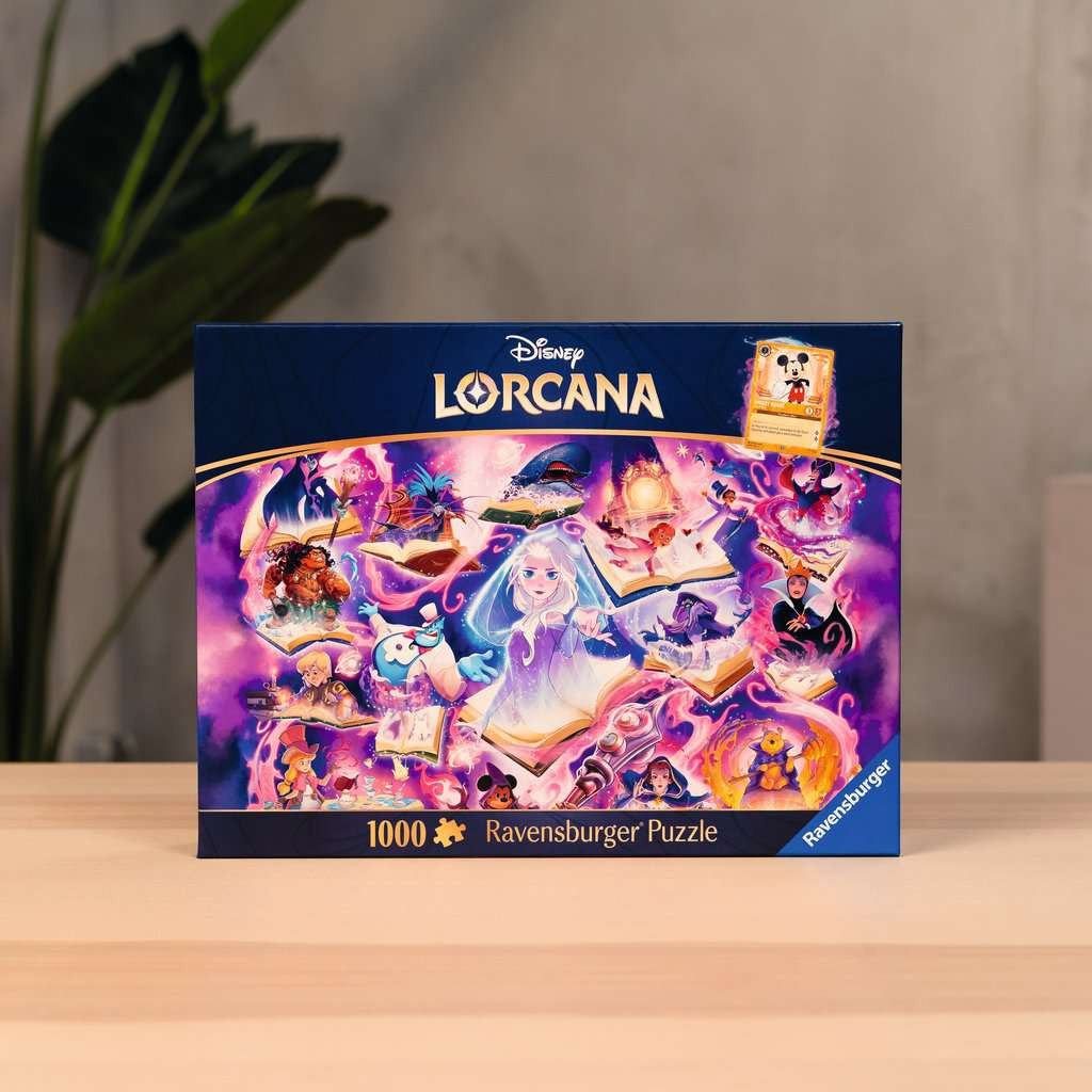 De doos van de Lorcana Amethyst puzzel rechtopstaand op een tafel.