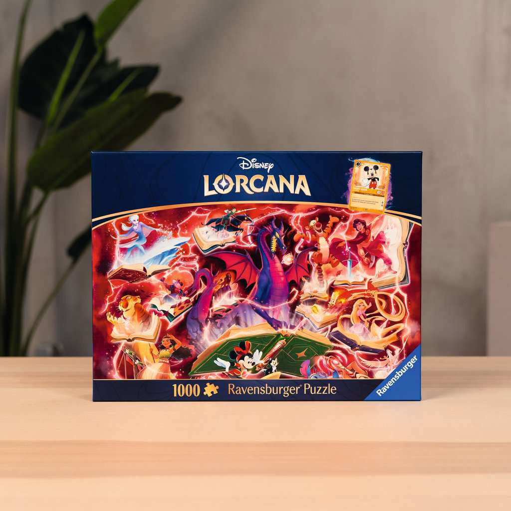 De doos van de Lorcana Ruby puzzel die rechtop op een tafel gepresenteerd staat.