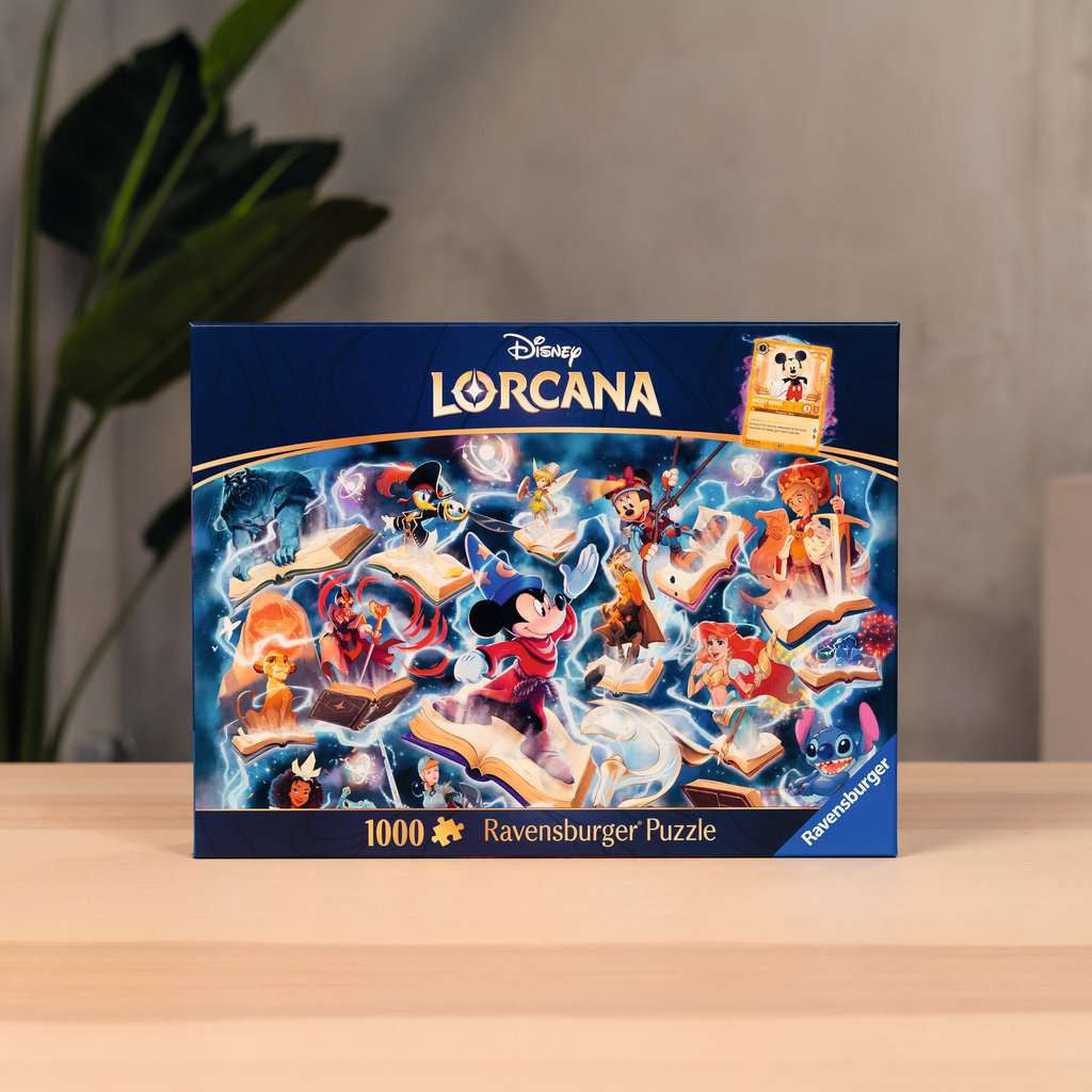 De doos van de Lorcana Steel puzzel die rechtop op een tafel gepresenteerd staat.