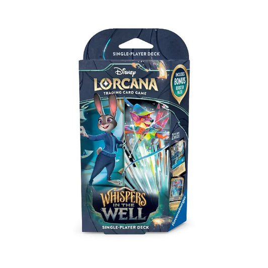 Lorcana Whispers in the Well Sapphire & Steel Starterdeck verpakking met Judy Hopps en Robin Hood