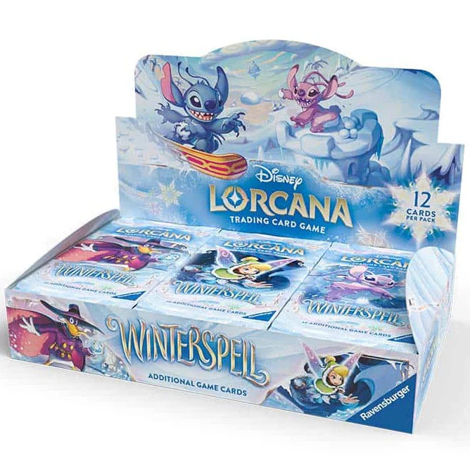 Lorcana Winterspell boosterbox display met 24 boosterpacks van Disney Lorcana TCG