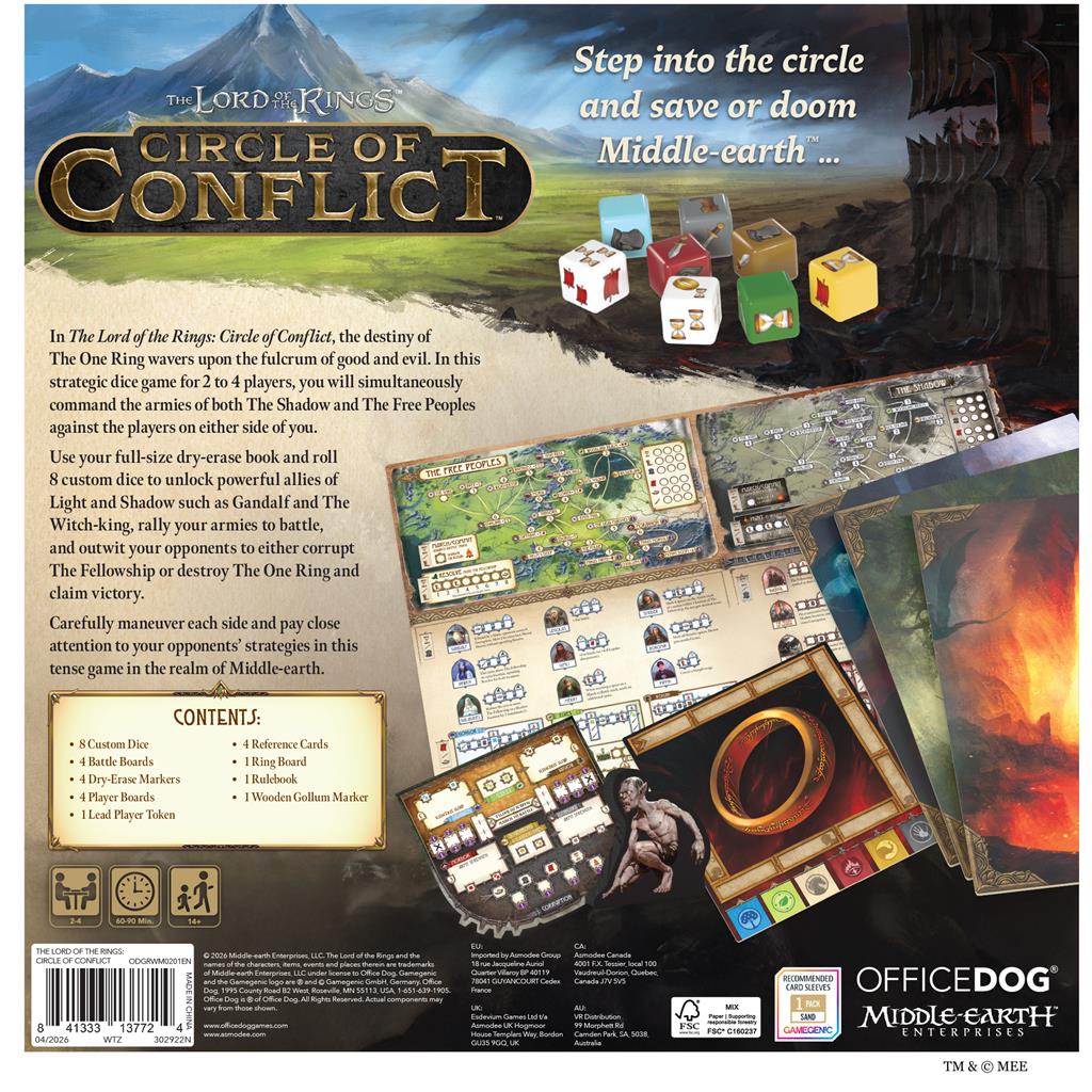 Lord of the Rings Circle of Conflict bordspel doos met dobbelstenen en spelborden - achteraanzicht