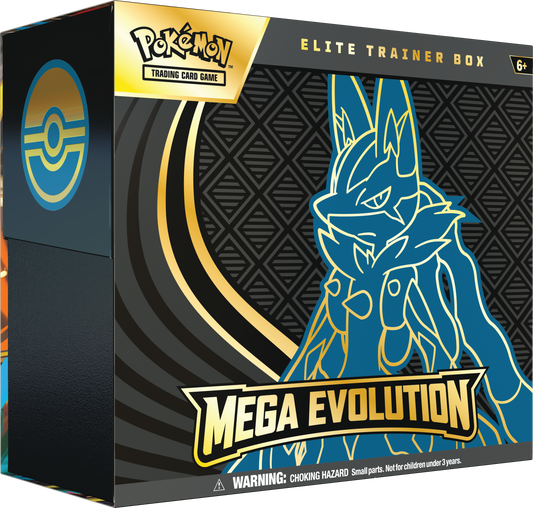 Pokémon Mega Evolution Elite Trainer Box met 9 boosterpacks, Riolu promo kaart, sleeves en accessoires van Mega Lucario.