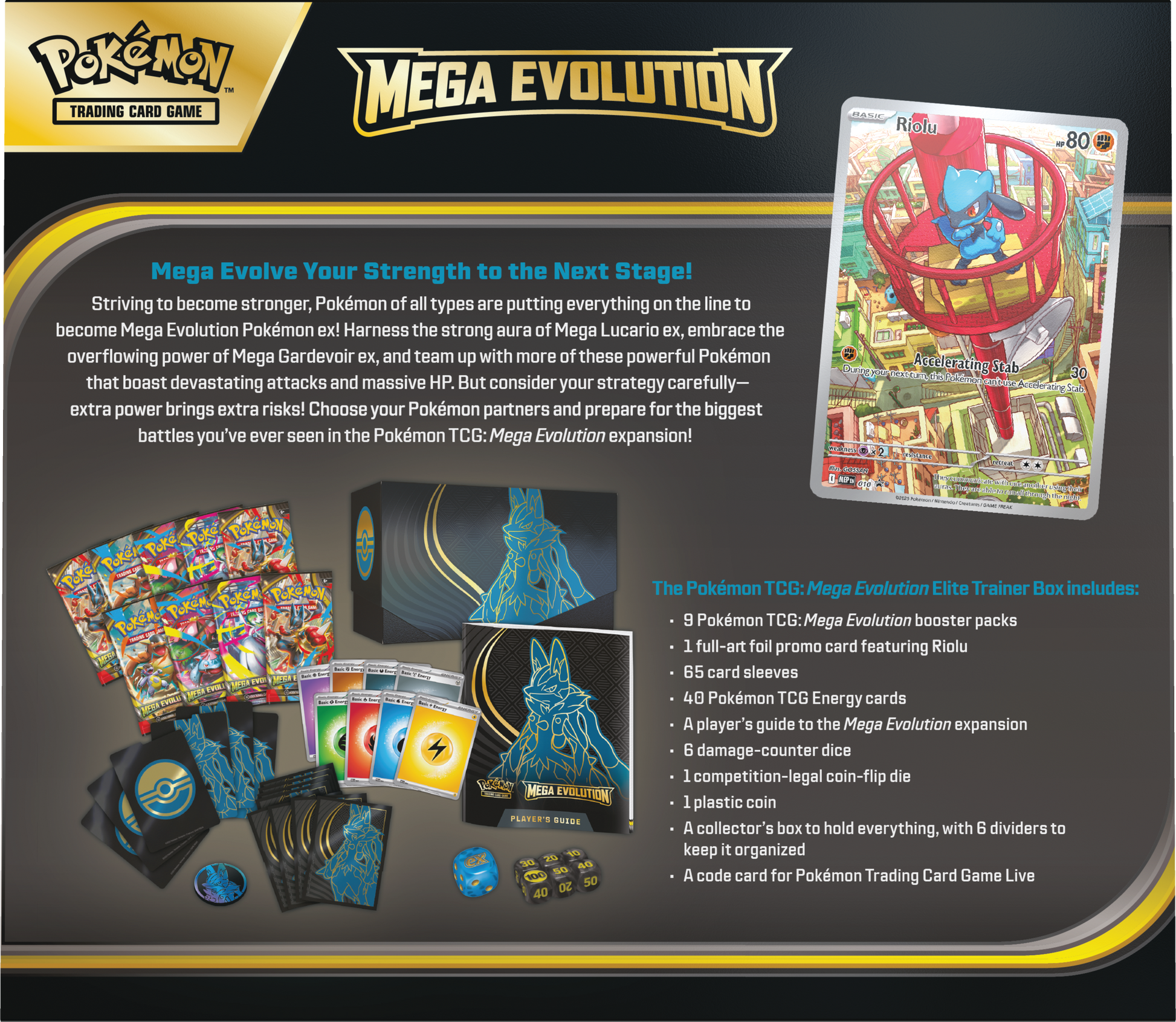 Pokémon Mega Evolution Elite Trainer Box met 9 boosterpacks, Riolu promo kaart, sleeves en accessoires van Mega Lucario.