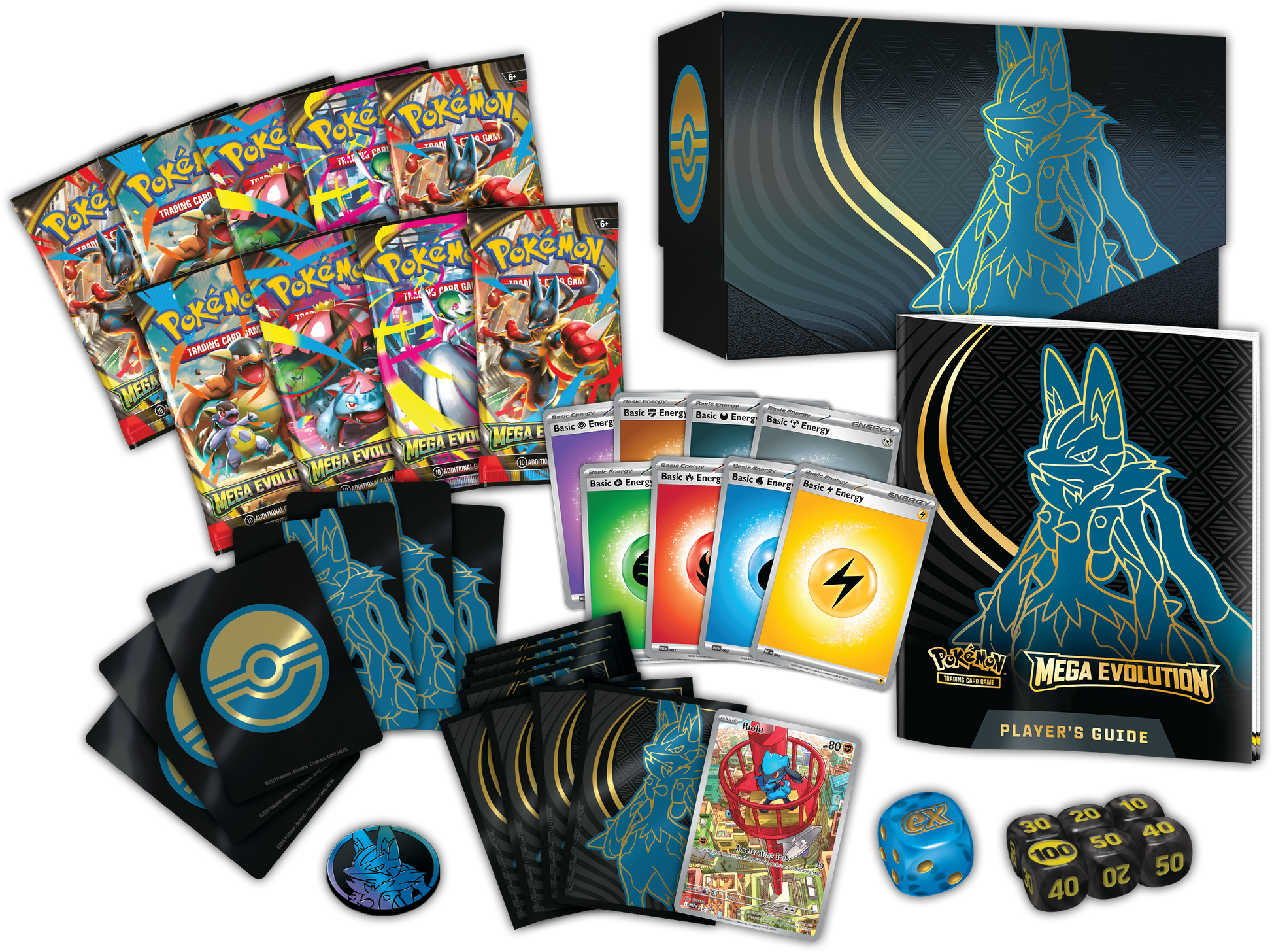 Pokémon Mega Evolution Elite Trainer Box met 9 boosterpacks, Riolu promo kaart, sleeves en accessoires van Mega Lucario.