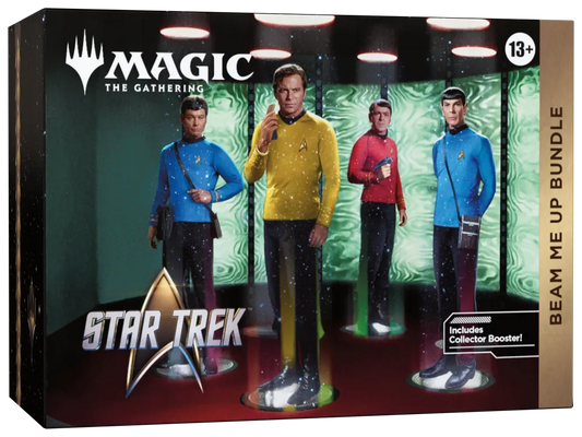 Magic the Gathering Star Trek Beam Me Up Bundle met Kirk, Spock, McCoy en Scotty figuren op de verpakking