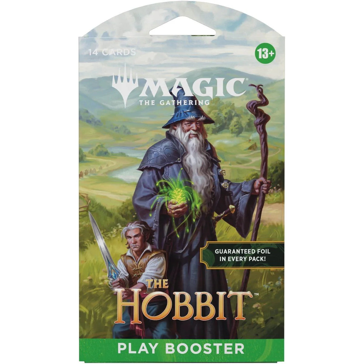 Magic The Gathering The Hobbit Sleeved Play Booster verpakking met Middle-earth artwork