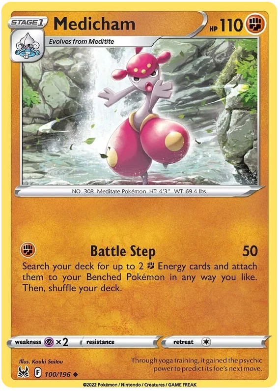 Medicham 100/196 common Pokémon kaart uit de Lost Origin set met Battle Step aanval