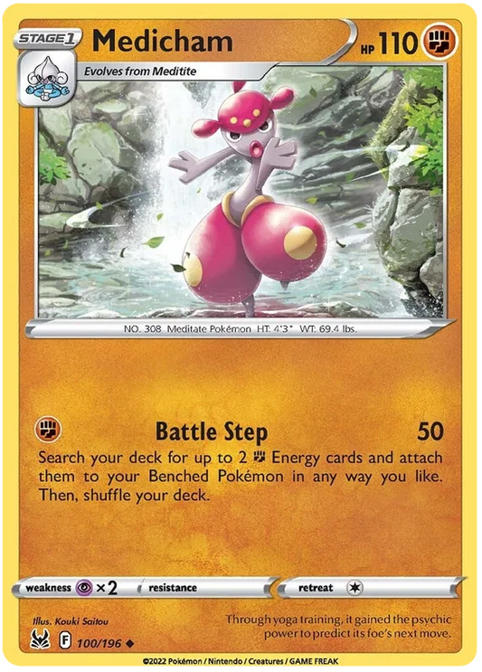 Medicham 100/196 common Pokémon kaart uit de Lost Origin set met Battle Step aanval