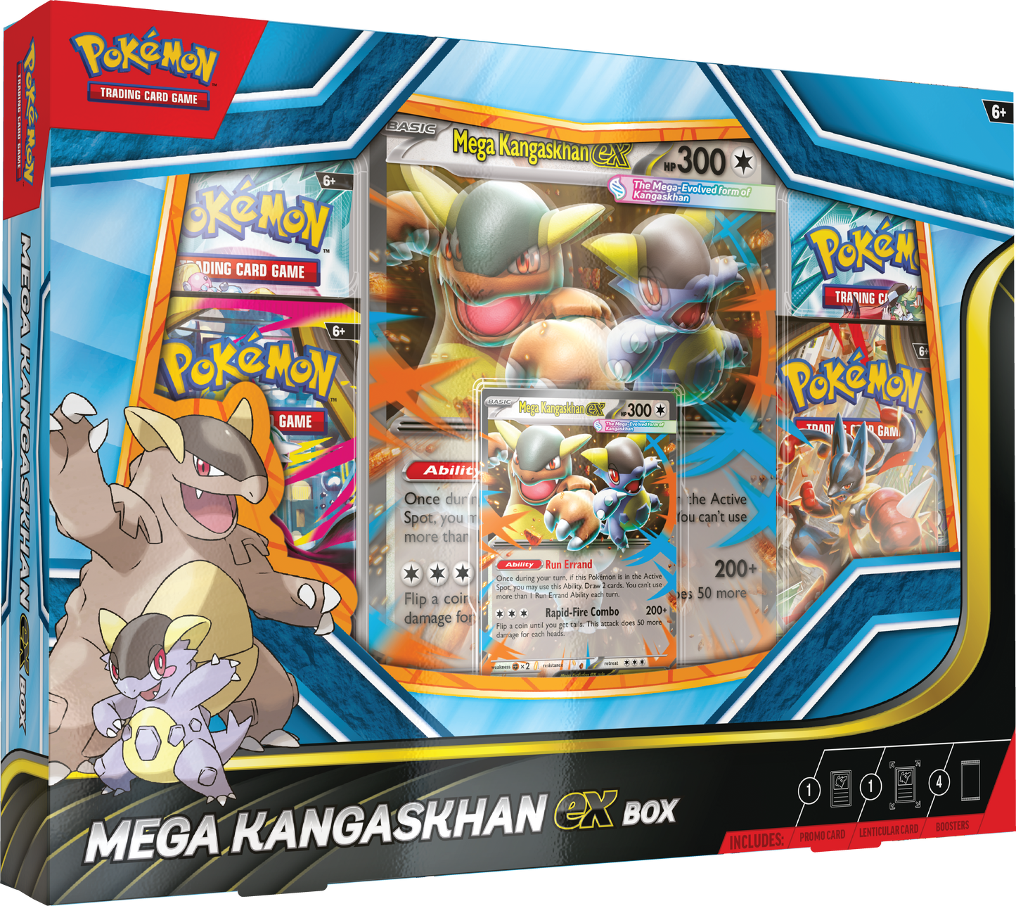 Pokémon Mega Kangaskhan ex Box met promokaart, oversized kaart en 4 Pokémon boosterpacks.