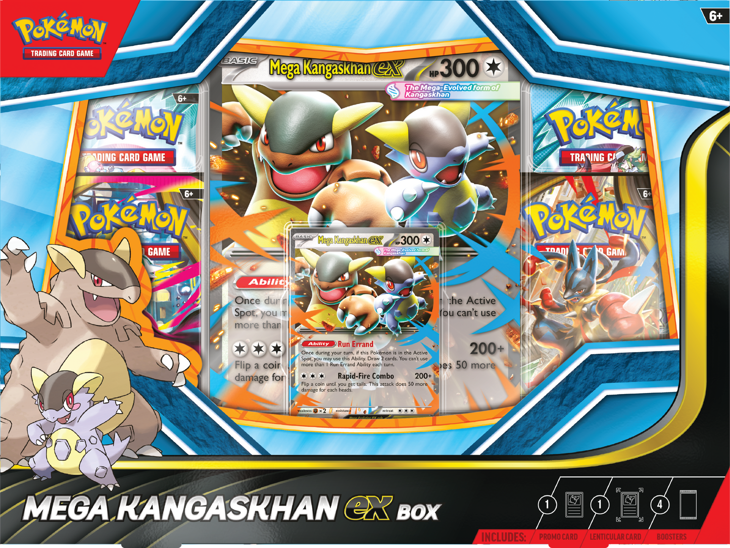 Pokémon Mega Kangaskhan ex Box met promokaart, oversized kaart en 4 Pokémon boosterpacks.
