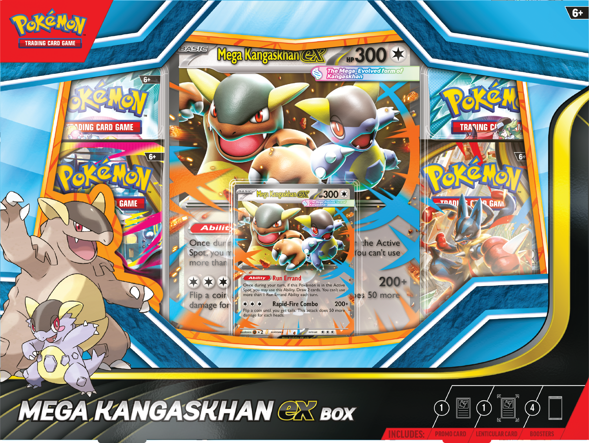 Pokémon Mega Kangaskhan ex Box met promokaart, oversized kaart en 4 Pokémon boosterpacks.