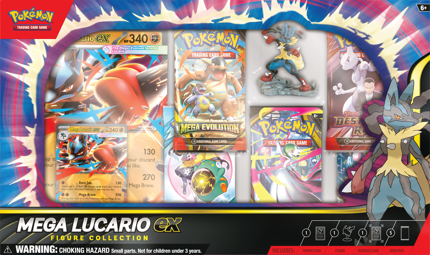 Mega Lucario ex Figure Collection met promo kaart, figuur, oversized kaart en Pokémon boosterpacks uit Mega Evolution series.