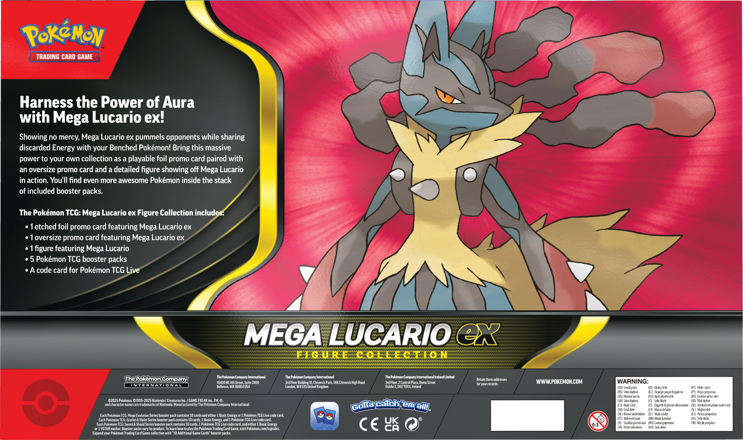 Mega Lucario ex Figure Collection met promo kaart, figuur, oversized kaart en Pokémon boosterpacks uit Mega Evolution series.