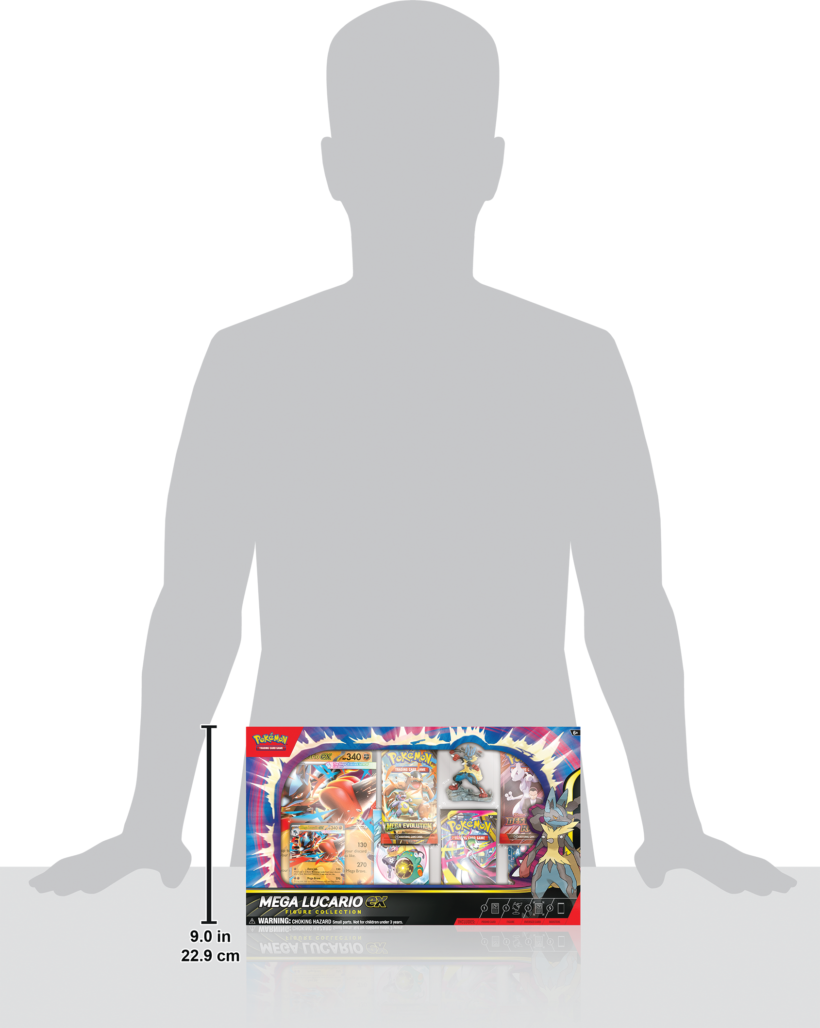 Mega Lucario ex Figure Collection met promo kaart, figuur, oversized kaart en Pokémon boosterpacks uit Mega Evolution series.