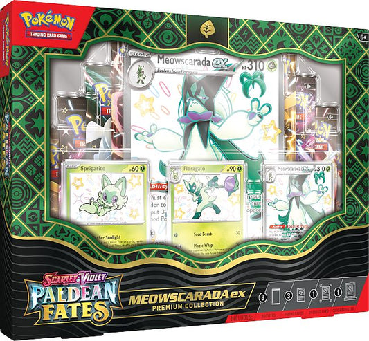 Pokémon Meowscarada ex Premium Collection met shiny kaarten, booster packs en kaartstandaard uit Scarlet and Violet Paldean Fates