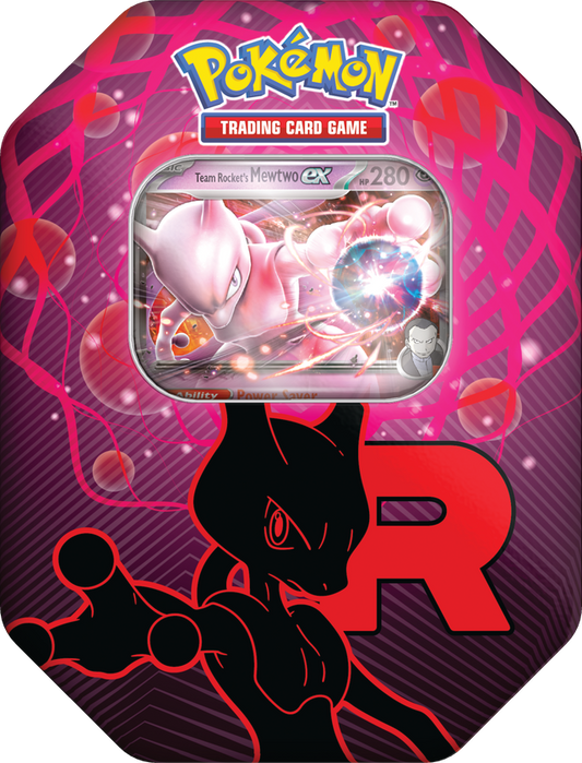Pokémon Team Rocket Collector’s Tin Box Mewtwo met promo kaart en 4 Pokémon boosterpacks.