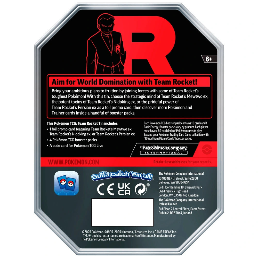 Pokémon Team Rocket Collector’s Tin Box Mewtwo met promo kaart en 4 Pokémon boosterpacks.