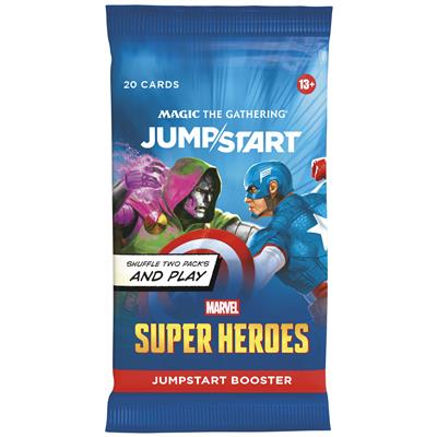 Vooraanzicht van de officiële Magic: The Gathering Universes Beyond Marvel Super Heroes Jumpstart Booster verpakking.