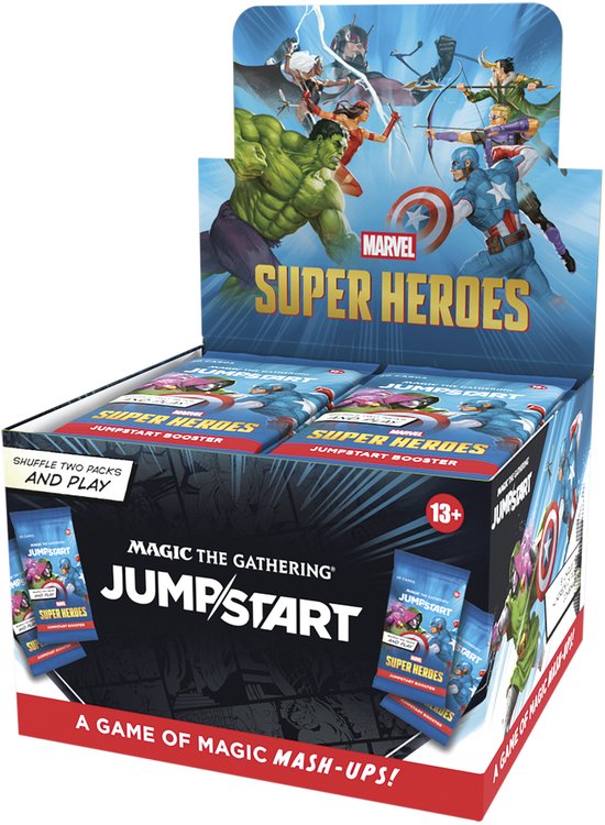 Schuinvooraanzicht van de geopende Magic: The Gathering Universes Beyond Marvel Super Heroes Jumpstart Boosterbox Display waarin de 24 packs overzichtelijk klaarstaan.