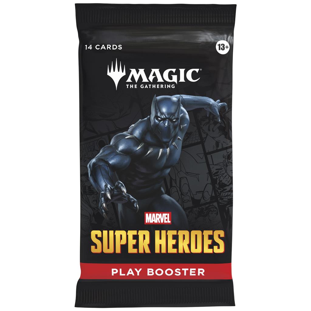 Vooraanzicht van de officiële Magic: The Gathering Marvel Super Heroes Play Booster met Black Panther artwork.