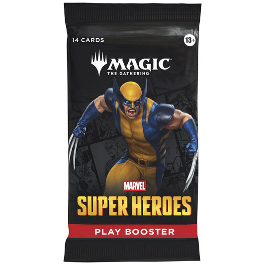 Vooraanzicht van de officiële Magic: The Gathering Marvel Super Heroes Play Booster met Wolverine artwork.