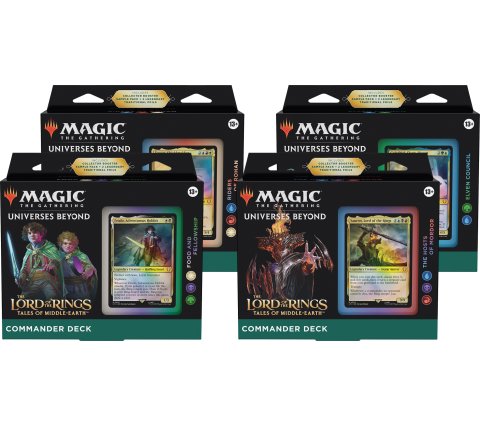 Overzicht van de vier Lord of the Rings Commander decks: Hosts of Mordor, Elven Council, Food and Fellowship, en Riders of Rohan.