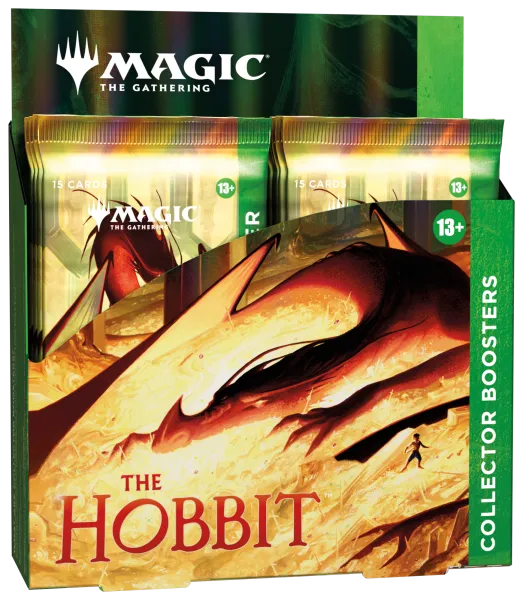 Geopende display van de Magic: The Gathering The Hobbit Collector Boosterbox met 12 packs.