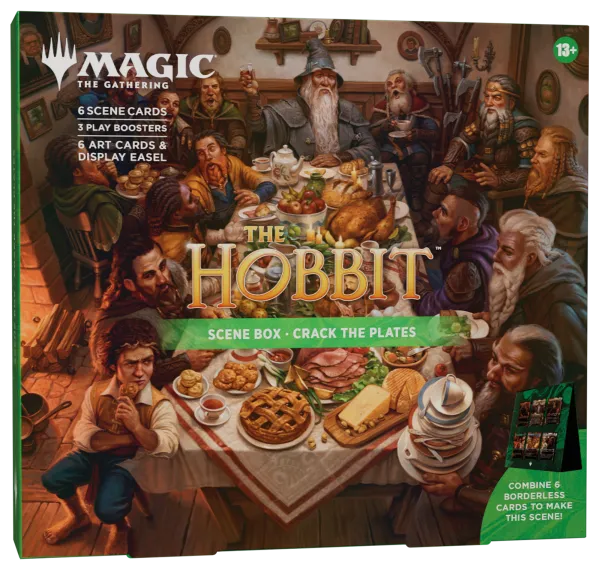 Voorkant van de Magic: The Gathering The Hobbit Scene Box - Crack the Plates met dwergen artwork.