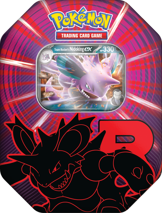 Pokémon Team Rocket Collector’s Tin Box Nidoking met promo kaart en 4 Pokémon boosterpacks.