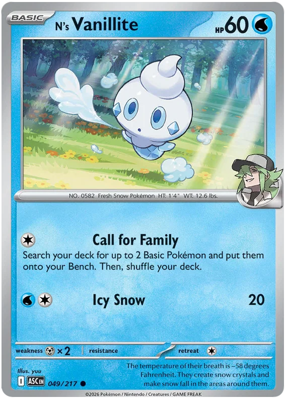 N's Vanillite common Pokémon kaart uit de Ascended Heroes set, kaartnummer 049