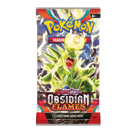 Obsidian Flames boosterpack met kans op Charizard ex, Tyranitar, Dragonite en andere zeldzame Pokémon kaarten.