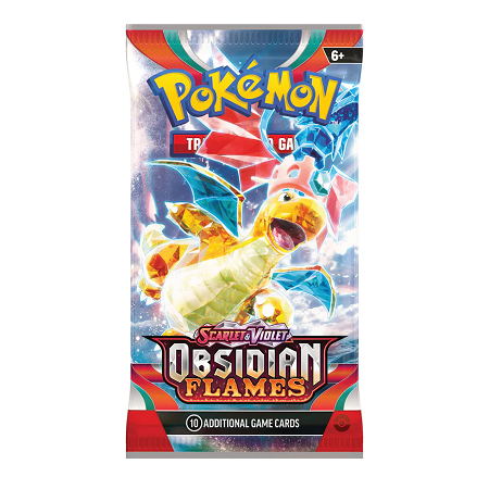 Obsidian Flames boosterpack met kans op Charizard ex, Tyranitar, Dragonite en andere zeldzame Pokémon kaarten.