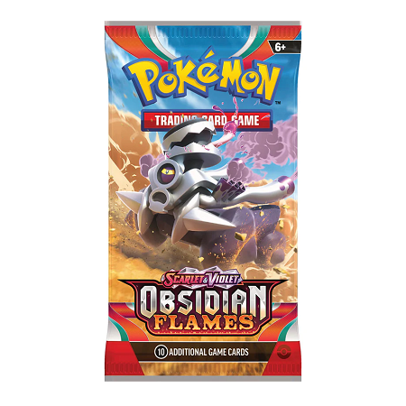 Obsidian Flames boosterpack met kans op Charizard ex, Tyranitar, Dragonite en andere zeldzame Pokémon kaarten.