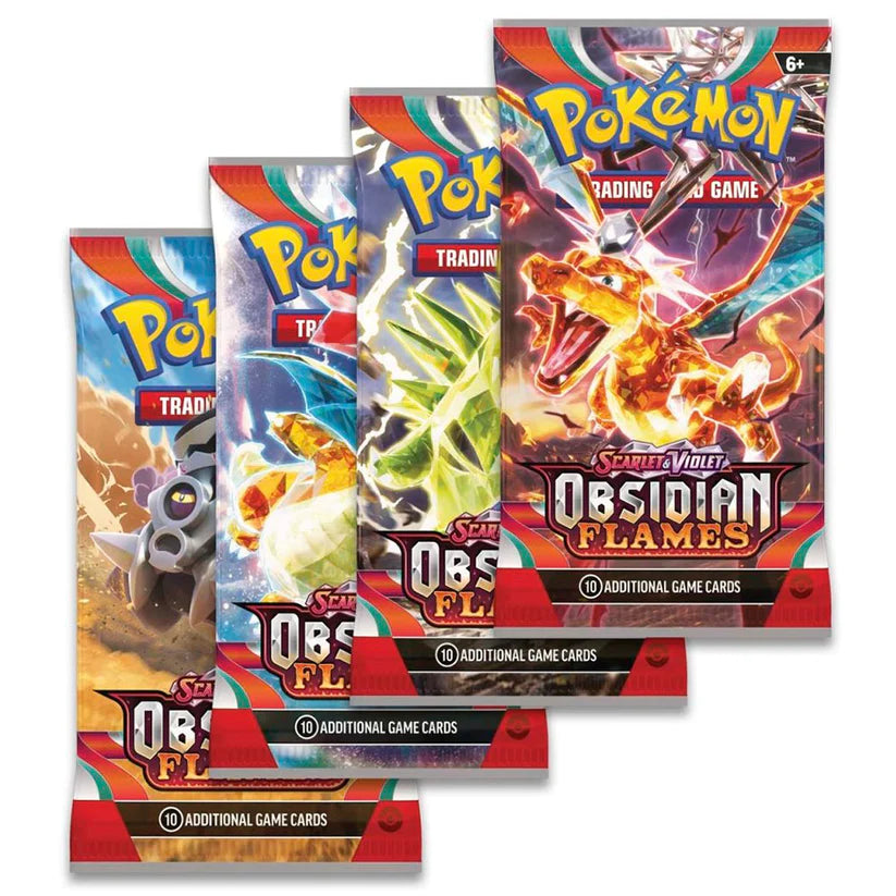 Obsidian Flames boosterpack met kans op Charizard ex, Tyranitar, Dragonite en andere zeldzame Pokémon kaarten.