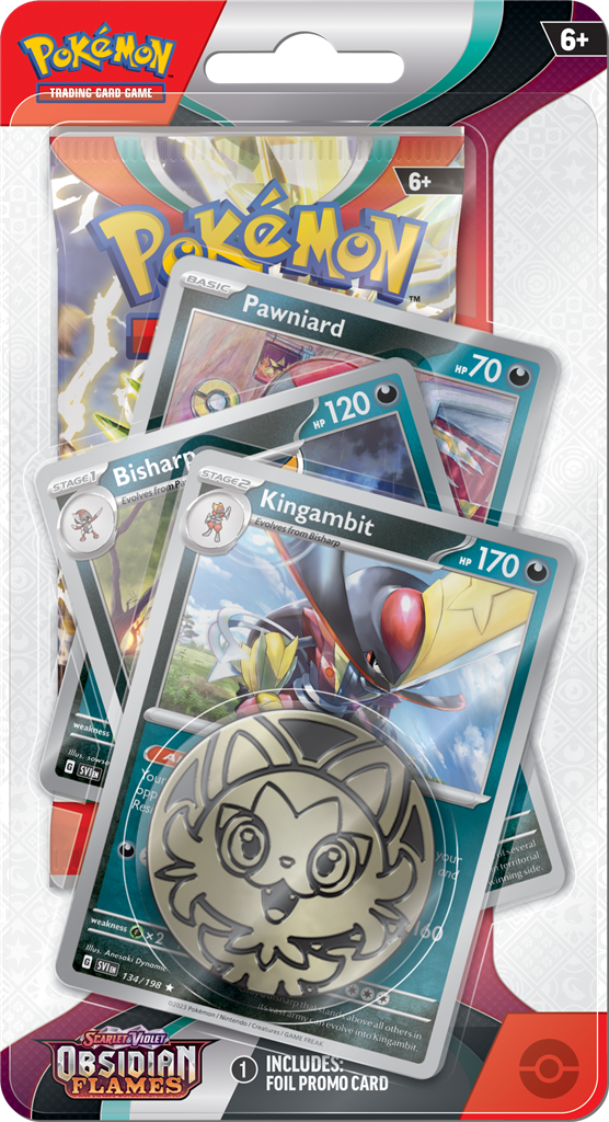 Pokémon Obsidian Flames blisterpack met Pawniard, Bisharp en Kingambit foil kaarten, Sprigatito munt en boosterpack.