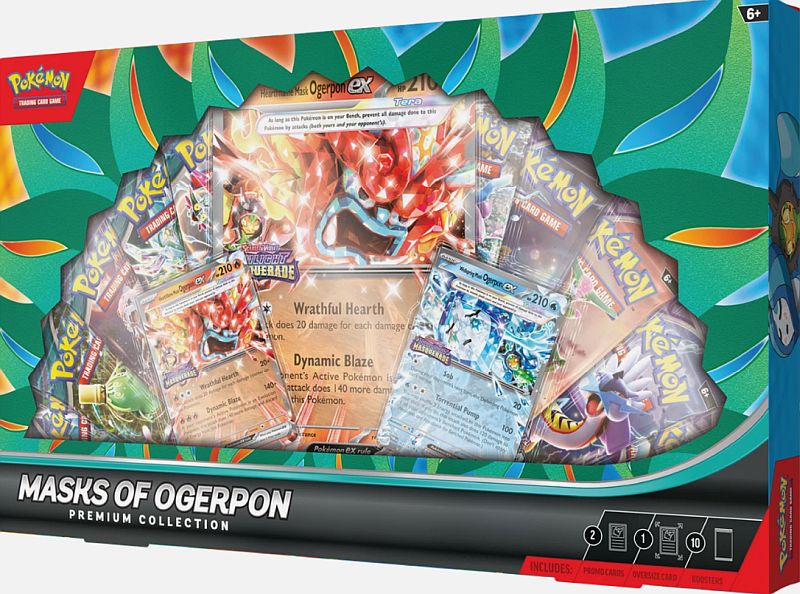 Pokémon Masks of Ogerpon Premium Collection 2025 met promo kaarten, oversized kaart en 10 boosterpacks.